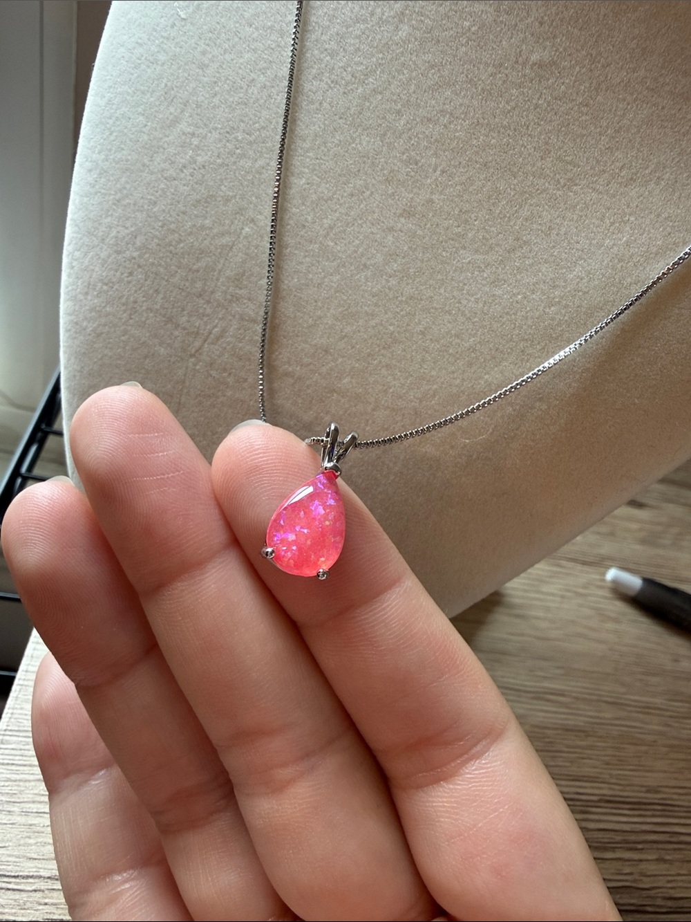 Silver Necklace with Pink Teardrop Pendant - Picture 2 of 2